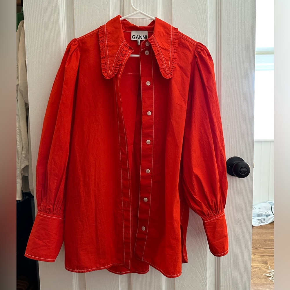 Ganni Bright Red Puff-Sleeve Button-Up Shirt